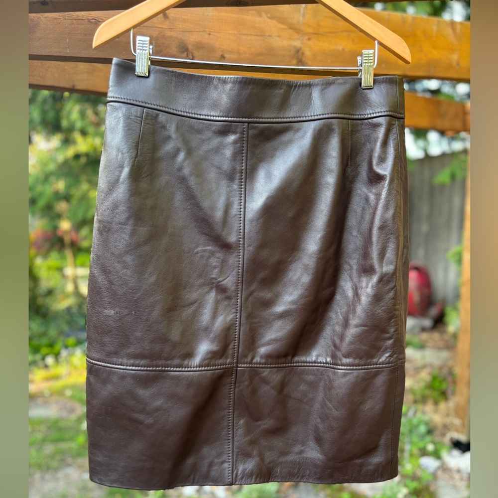 LEATHER PENCIL SKIRT WITH PANELLED DETAILS, Elegant Brown Leather Skirt, NWT
